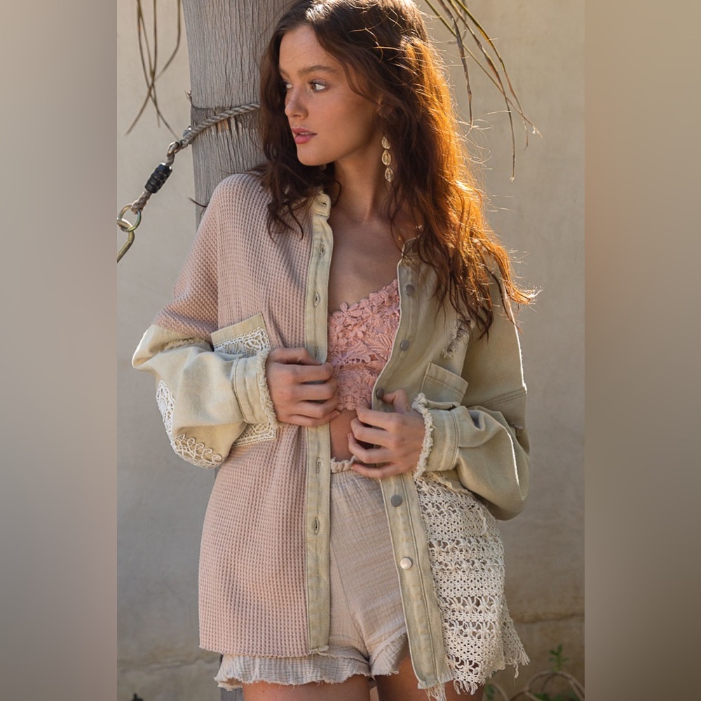 Last 1 POL Cream Embroidered Crochet Lace Button Down Shacket Jacket - Picture 2 of 5